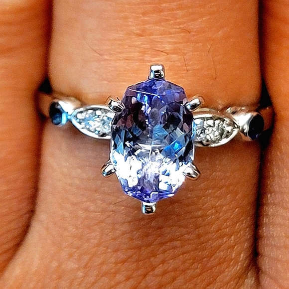 14k White Gold Custom Cut Tanzanite & Sapphire Ring - Picture 3 of 7